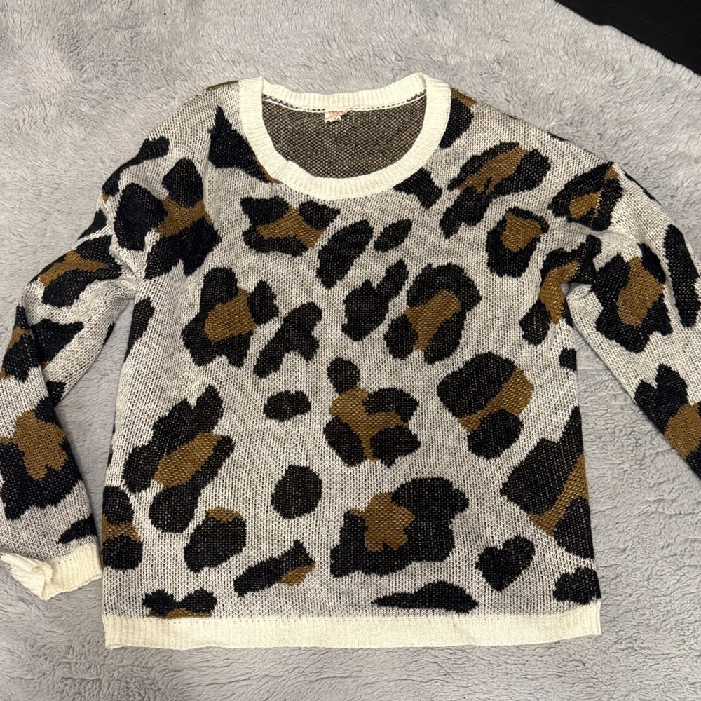 Leopard Print Crewneck Sweater in Ivory, Black & Brown